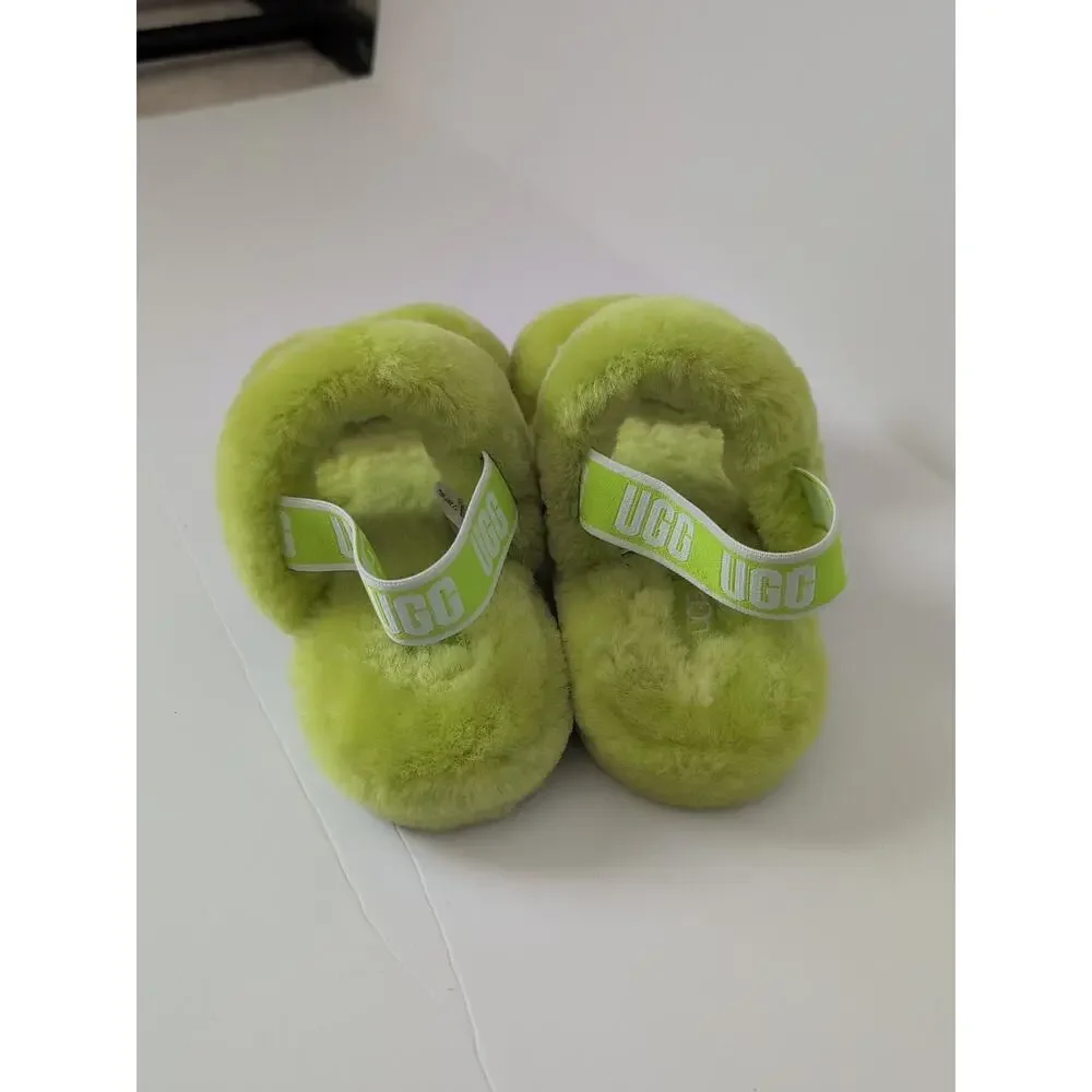 UGG Girl's‎ Lamb Fluff Yeah Slide Slippers Lime Green 1115752K Size 4 NWOB